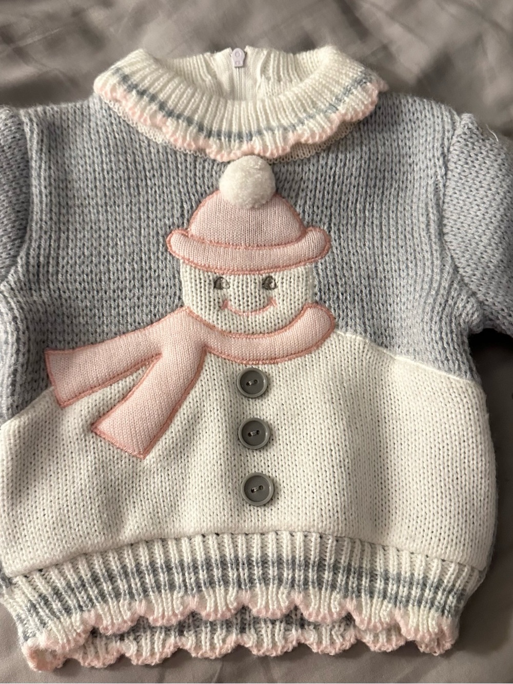 Baby Snowman Knit Pullover - Pink, Gray & Cream